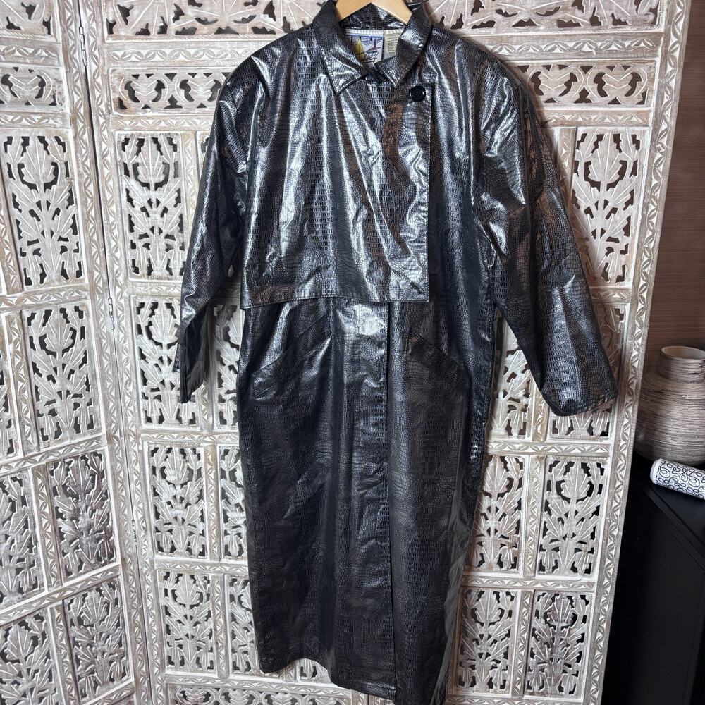 Vintage Essex Trench Coat Raincoat Black Silver Vinyl Silk Snake Skin Print SZ L